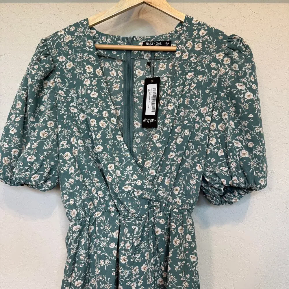 Women's Nasty Gal‎ Sage Green Floral Puff Sleeve Romper Size 4 NEW - Picture 8 of 10